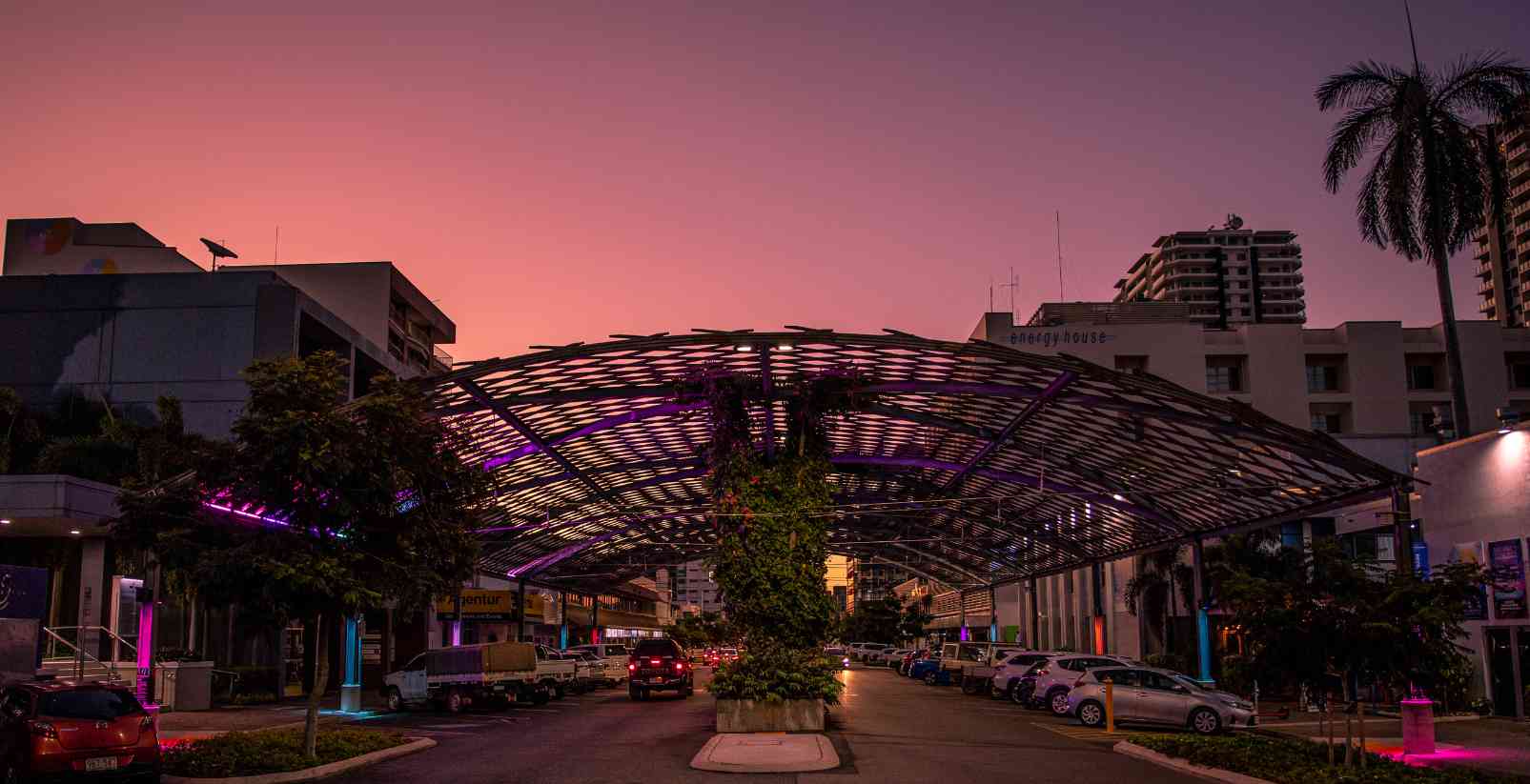 Purple sky at dusk over street in Darwin City